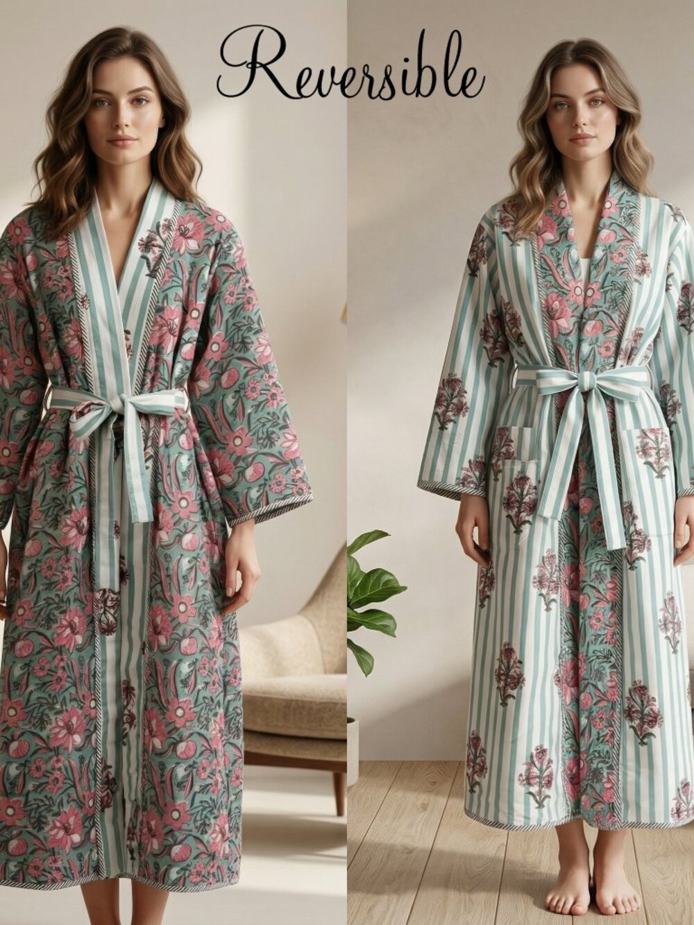 Reversible Cotton Kimono Robe, Hand Block Print Bathrobe, Floral Quilted for Her